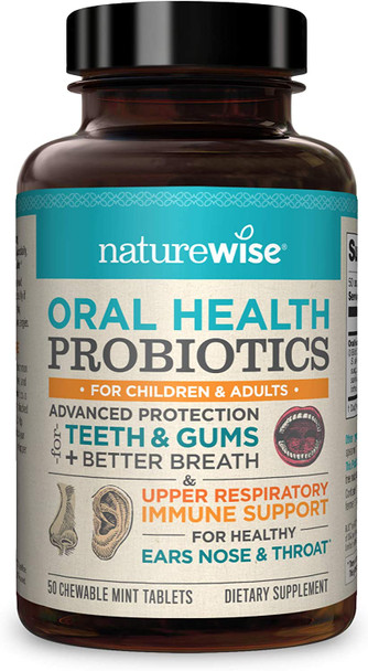 NatureWise Oral Health Chewable Probiotics  Supports Healthy Teeth Gums  Better Breath  Ear Nose Throat Immunity for Kids  Adults  SugarFree Natural Mint Flavor 2 Month Supply  50 Tablets