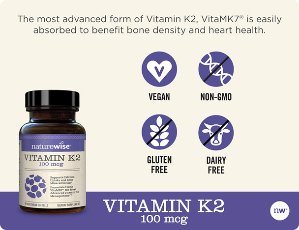 NatureWise Vitamin K2 Support Strong Bones with VitaMK7 Menaqui7 90 Count Pack of 1