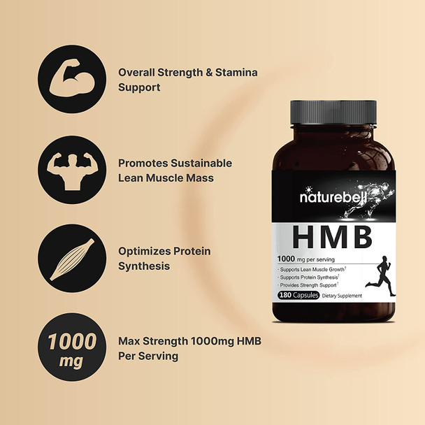 NatureBell HMB Capsules BetaHydroxy BetaMethylbutyrate 1000mg Per Serving 180 Counts Supports Lean Muscle Mass Premium HMB Supplements NonGMO