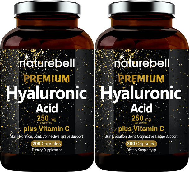 2 Pack NatureBell Hyaluronic Acid Supplement 250mg Hyaluronic Acid with 25mg Vitamin C Per Serving 200 Capsules 2 in 1 Formula Supports Skin Hydration Joints Lubrication and Antioxidant No GMOs