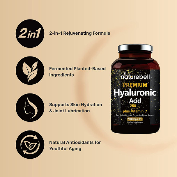 2 Pack NatureBell Hyaluronic Acid Supplement 250mg Hyaluronic Acid with 25mg Vitamin C Per Serving 200 Capsules 2 in 1 Formula Supports Skin Hydration Joints Lubrication and Antioxidant No GMOs