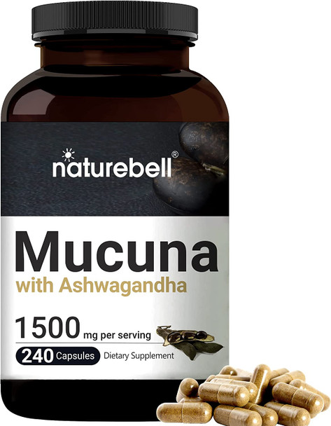 Mucuna Pruriens Capsules Triple Strength 1500Mg Per Serving 2 In 1 Formula Made With Mucuna And Ashwagandha 240 Capsules 30 Natural Ldopa For Positive Mood Relaxation  Restoration