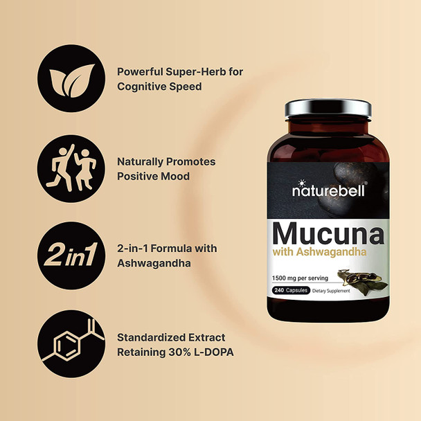 Mucuna Pruriens Capsules Triple Strength 1500Mg Per Serving 2 In 1 Formula Made With Mucuna And Ashwagandha 240 Capsules 30 Natural Ldopa For Positive Mood Relaxation  Restoration
