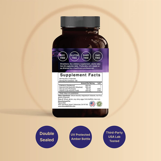 Sambucus Elderberry Capsules with 500mg Quercetin Zinc and Vitamin C 5000mg Herbal Equivalent 200 Capsules 4 in 1 Formula Support Immune System Premium Elderberry Zinc Quercetin Supplements