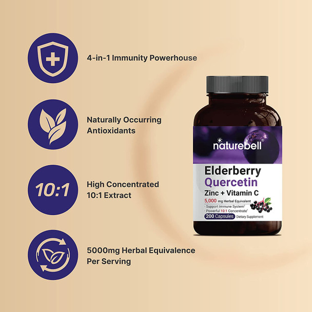 Sambucus Elderberry Capsules with 500mg Quercetin Zinc and Vitamin C 5000mg Herbal Equivalent 200 Capsules 4 in 1 Formula Support Immune System Premium Elderberry Zinc Quercetin Supplements