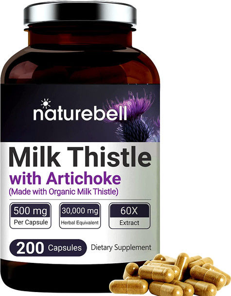 Milk Thistle Extract Made with Organic Milk Thistle and Artichoke Extract 30000mg Herbal Equivalent 200 Capsules 2 in 1 Formula 80 Silymarin for Liver Health NonGMO