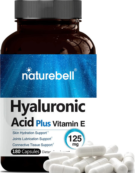 NatureBell Hyaluronic Acid with Vitamin E 125mg180 Capsules Supports Antioxidant Skin Hydration and Joints Lubrication No GMOs.