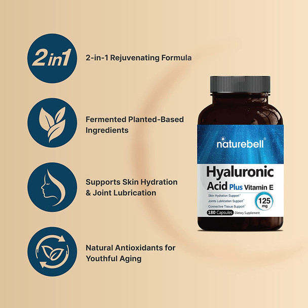 NatureBell Hyaluronic Acid with Vitamin E 125mg180 Capsules Supports Antioxidant Skin Hydration and Joints Lubrication No GMOs.