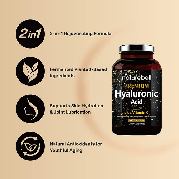 NatureBell Plant Based Hyaluronic Acid Supplements 250mg Hyaluronic Acid with 25mg Vitamin C Per Serving 200 Capsules 2 in 1 Formula Supports Skin Hydration Joints Lubrication and Antioxidant