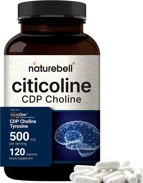 NatureBell Citicoline Supplements CDP Choline Citicoline 500mg Plus Tyrosine 50mg Per Serving Optimized Dosage 120 Capsules 2 in 1 Formula Dual Action Brain Supplement NonGMO