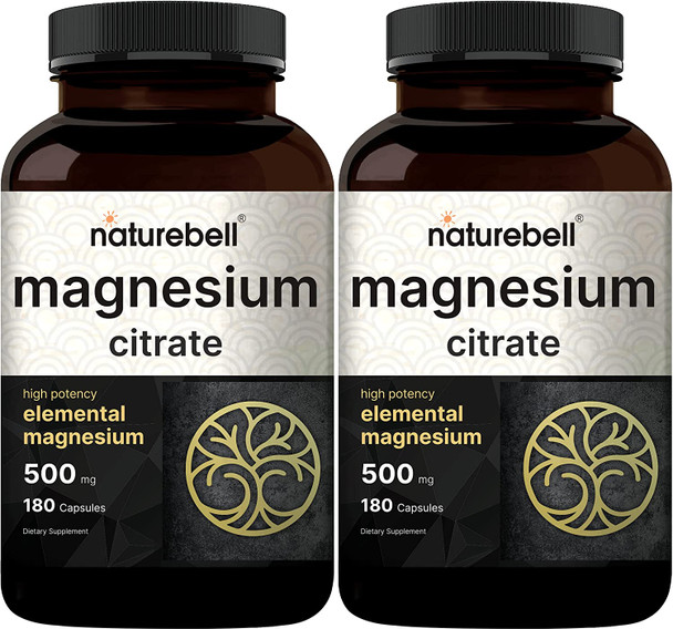 Pack of 2 Elemental Magnesium 500mg Per Serving as Magnesium Citrate 180 Capsules Each Powerfully Supports Energy Metabolism Muscles Heart  Bone Health NonGMO and Made in USA