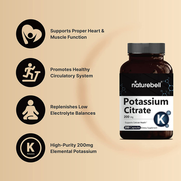Maximum Strength Potassium Citrate Capsules 200mg 200 Counts Essential Electrolyte Supplement Support Vascular Health and Muscle Function