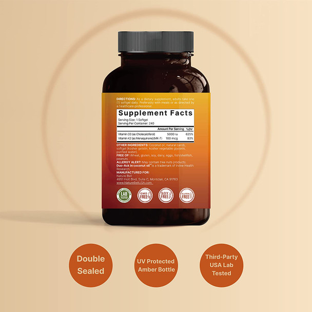 Vitamin D3  K2 Mk7 With Virgin Coconut Oil 240 Softgels Vitamin D3 5000 Iu  K2 Mk7 100Mcg 2 In 1 Support Duoack  8 Months Supply  Third Party Tested Non Gmo  No Gluten