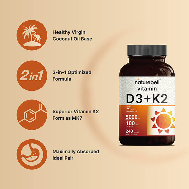 Vitamin D3  K2 Mk7 With Virgin Coconut Oil 240 Softgels Vitamin D3 5000 Iu  K2 Mk7 100Mcg 2 In 1 Support Duoack  8 Months Supply  Third Party Tested Non Gmo  No Gluten