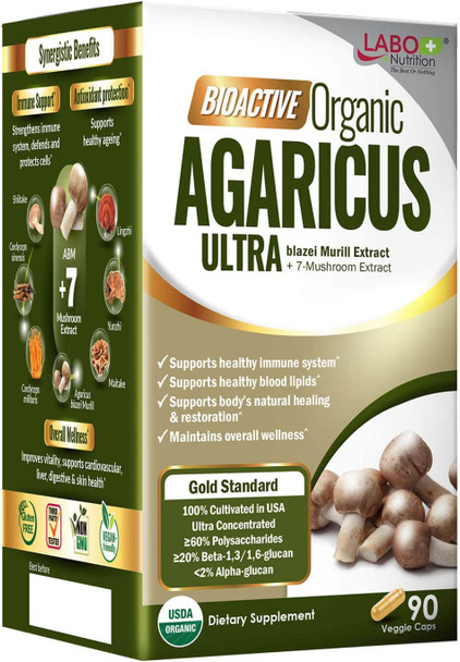 LABO Nutrition Bioactive Organic Agaricus Ultra for Advanced Immune Support USDA Organic 7 Medicinal Mushroom Supplement Cordyceps Maitake Turkey Tail Lingzhi Agaricus blazei Murill Shiitake