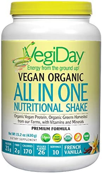 Natural Factors VegiDay Vegan Organic All in One Shake  Go Raw Vegan Protein with Organic Superfoods French Vanilla 15.2 oz