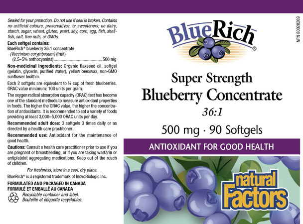 BlueRich by Natural Factors Super Strength Blueberry Concentrate Antioxidant Support for Overall Good Health 90 softgels 30 servings