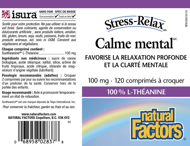 Natural Factors StressRelax Suntheanine LTheanine  120 Chewable Tablets