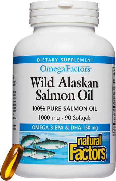 Omega Factors by Natural Factors Wild Alaskan Salmon Oil Supports Heart and Brain Health with Omega3 DHA and EPA 90 Softgels