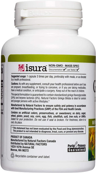 HerbalFactors by Natural Factors Ginkgo Biloba Supports Memory Mental Performance and Healthy Brain Function 60 capsules 60 servings