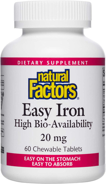 Natural Factors Easy Iron Chewable Gentle Supplement for Energy and Metabolism Support Vegan Tropical Fruit Flavor 60 tablets 60 servings
