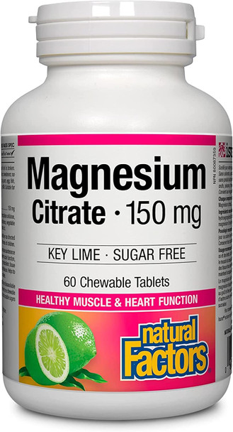 Natural Factors Magnesium Citrate 150 mg Tablets Key Lime  Sugar Free 60 Count