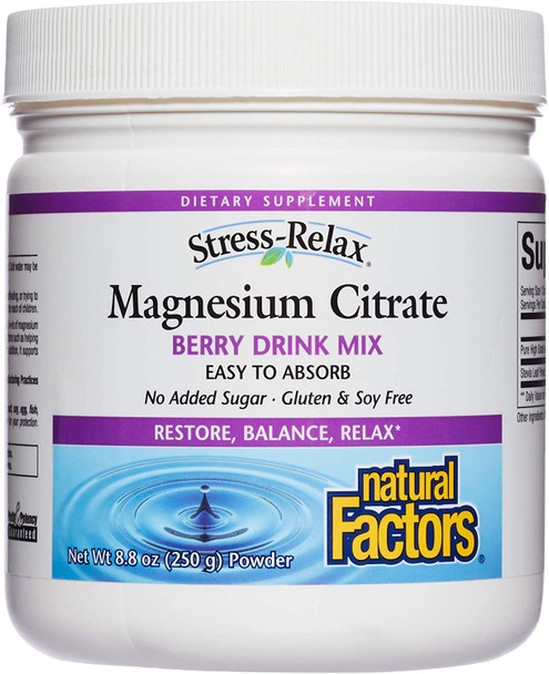 StressRelax Magnesium Citrate Drink Mix by Natural Factors Restores Normal Levels of Magnesium  Balances Calcium Intake NonGMO Berry Flavor 8.8 oz 75 servings