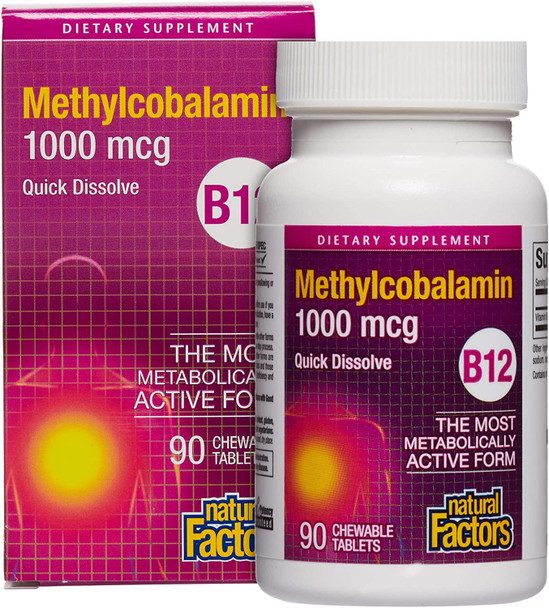 Natural Factors Vitamin B12 Methylcobalamin 1000 mcg Chewable Support for Energy and Immune Health Vegetarian Gluten Free 90 tablets 90 servings