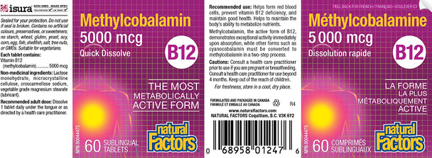 Natural Factors Vitamin B12 Methylcobalamin 5000 mcg Chewable Support for Energy and Immune Health Vegetarian 60 tablets 60 servings