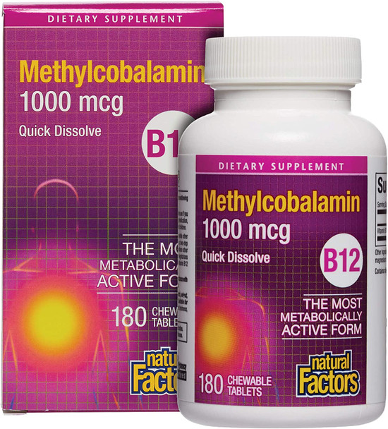 Natural Factors Vitamin B12 Methylcobalamin 1000 mcg Chewable Support for Energy and Immune Health Vegetarian 180 tablets 180 Tablets