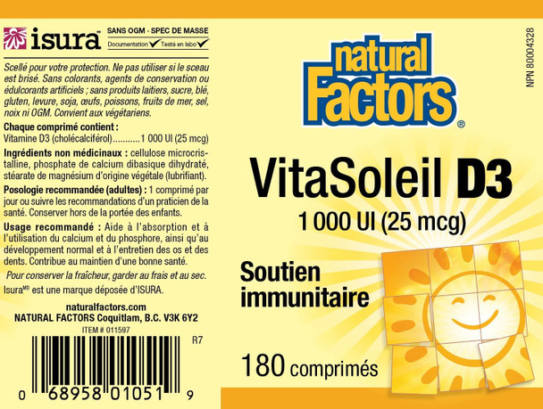 Natural Factors Vitamin D3 1000 IU 25 mcg Supports Strong Bones Muscles and Immune Function 180 Tablets