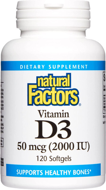 Natural Factors Vitamin D3 2000 IU 50 mcg Supports Strong Bones Muscles and Immune Function 120 Softgels
