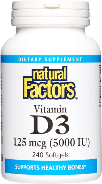 Natural Factors Vitamin D3 5000 IU 125 mcg Supports Strong Bones Muscles and Immune Function 240 Softgels