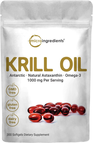 Antarctic Krill Oil Supplement 1000mg Per Serving 300 SoftGels Rich in Omega3s EPA DHA  Natural Astaxanthin Supports Immune System  Brain Health Easy to Swallow