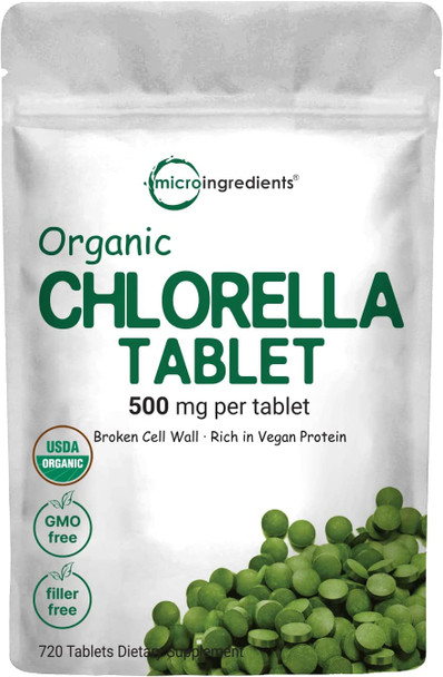 Organic Chlorella Tablets 500mg Per Tablet 720 Tabs 360 Grams 4 Months Supply Broken Cell Wall Rich in Vegan Protein  Vitamins No Filler No Additives  NonGMO  Pure Green Algae Superfood