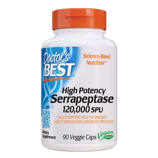 Doctor's Best High Potency Serrapeptase, Non-GMO, Gluten Free, Vegan, Supports Healthy Sinuses, 120,000 SPU, 90 Veggie Caps