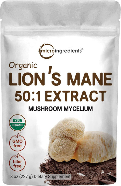 Sustainably US Grown Organic Lions Mane Mushroom Supplement Fruit Body and Mycelium 8 Ounce Freeze Dried Supports Mental Clarity Focus Memory and Nervous System Vegan Friendly