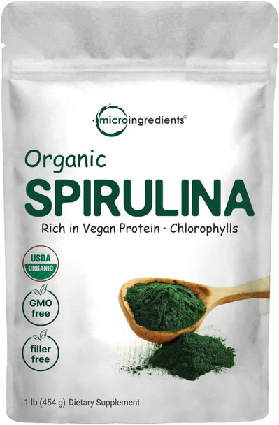 Micro Ingredients Organic Spirulina Powder 16 Ounce Raw Spirulina Arthrospira Platensis The Richest Sources of 70 Vegan Protein Containers Minerals Vitamins NonGMO  NonIrradiation