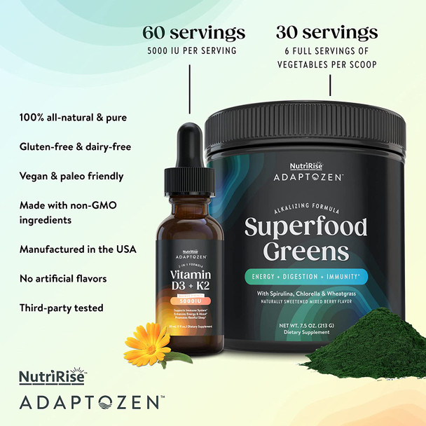 AdaptoZen Super Greens  Vitamin D3  K2 Ultimate Wellness Bundle to Support Immunity Mood Energy Sleep  Gut Health. Vegetarian Supplements for Men  Women in Partnership with Michael Beckwith