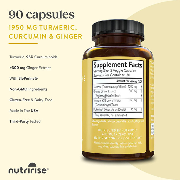 NutriRise Turmeric Curcumin with Ginger  Black Pepper Extract  Seize The Day  90ct  1950 mg Maximum Absorption Joint  Immune Support Antioxidant Wellness Formula for Men  Women GlutenFree