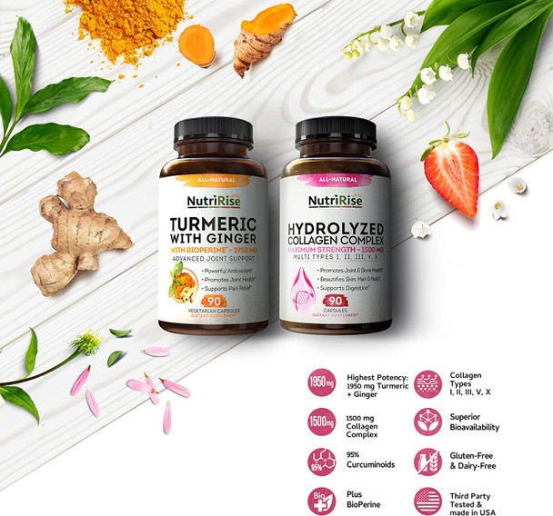 Hydrolyzed Collagen Peptides Types I II III V X  Turmeric with Ginger  BioPerine Powerful Joint  Bone Health Combo for Cartilage Support Back Knee Neck  Hand Pain Relief for Women  Men