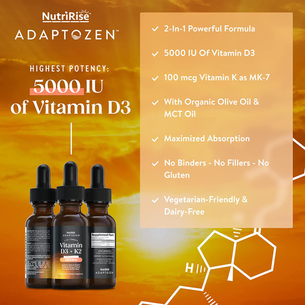 AdaptoZen Vitamin D3  K2 Drops  5000 IU Support for Energy WellBeing Immunity  Joint Comfort Vegetarian GlutenFree Formula for Men  Women  MCT Oil in Partnership with Michael Beckwith