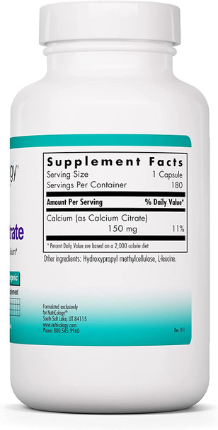 NutriCology Calcium Citrate  Bone Teeth Muscle Nerve Support  180 Vegetarian Capsules