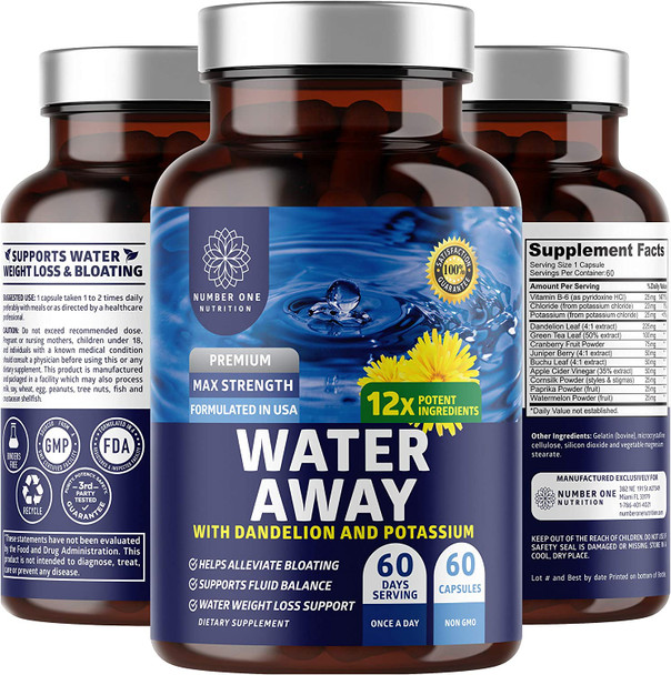 N1 Nutrition Premium Water Away Pills Natural Diuretic Enhanced with Dandelion Leaf Extract  Potassium for Water Retention Bloating  Swelling Relief NonGMO 60 Caps