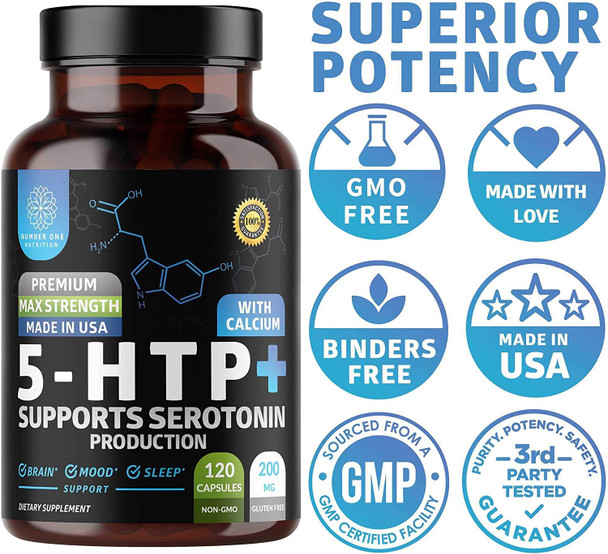 N1N Premium 5HTP 200mg Plus Calcium for Sleep and Mood Support from Griffonia Seed Extract Non GMO and Gluten Free 120 Caps