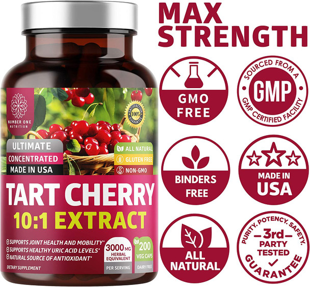 N1N Premium Tart Cherry Extract Capsules 200 Veg Caps 3000 mg 10X Concentrated Extract Powerful Antioxidant Joint Health and Mobility Uric Acid Cleanse NonGMO and Gluten Free