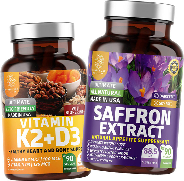 N1N Premium Saffron Extract and Vitamin K2D3 All Natural Supplements to Support Bone Strength Muscle Functions and Eye Health 2 Pack Bundle