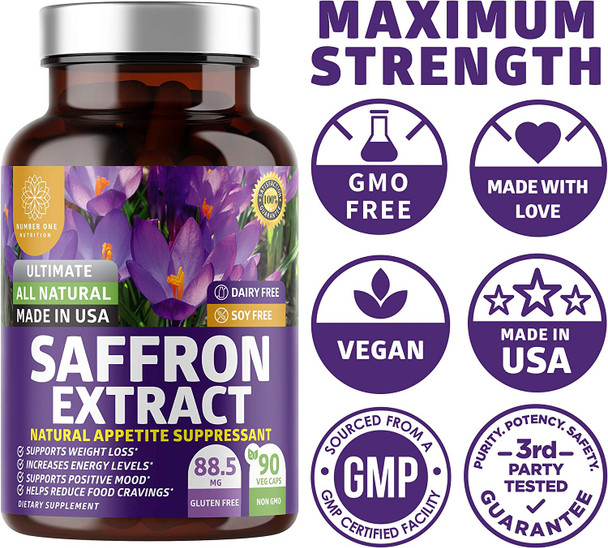 N1N Premium Saffron Extract Capsules 100 Pure Saffron Max Strength Natural Health Support for Men and Women Supports Eye Health Brain Function Heart Health  Positive Mood 90 Veg Caps