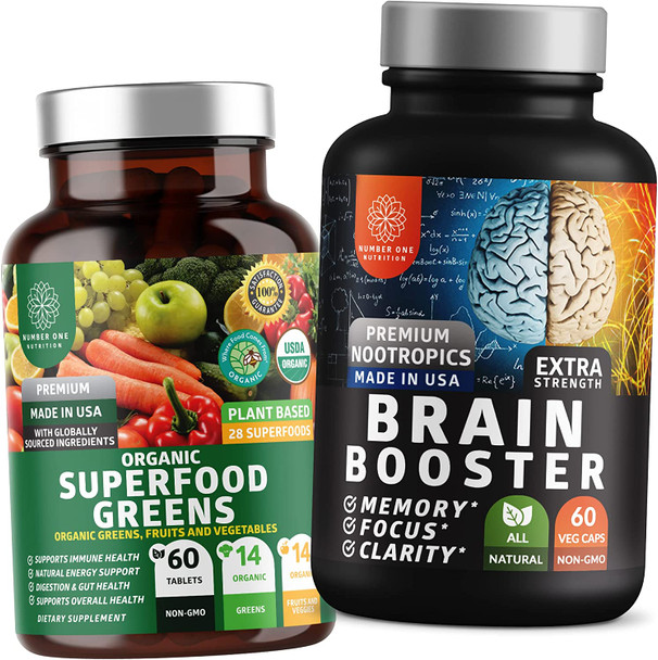 N1N Premium Brain Supplement 41X Potent Ingredients and Organic Superfood Greens to Support Memory Focus and Overall Wellness 2 Pack Bundle