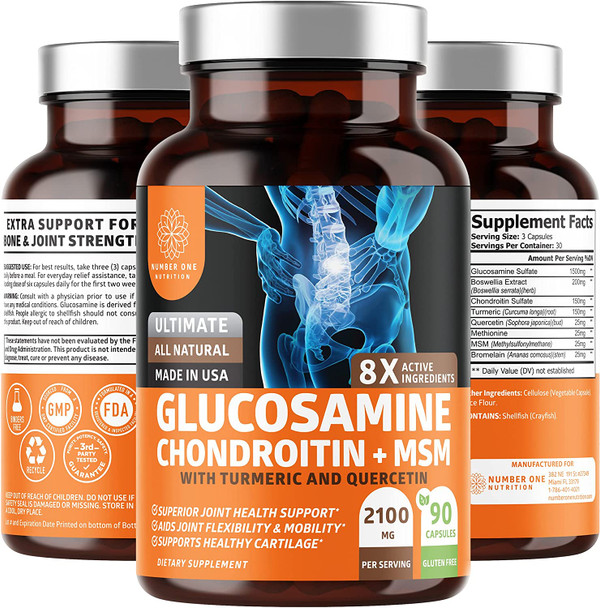 N1N Glucosamine with Chondroitin Turmeric MSM Boswellia Max Strength 2100mg Natural Joint Support Supplement for Relief Mobility Flexibility and Inflammation 90 Caps